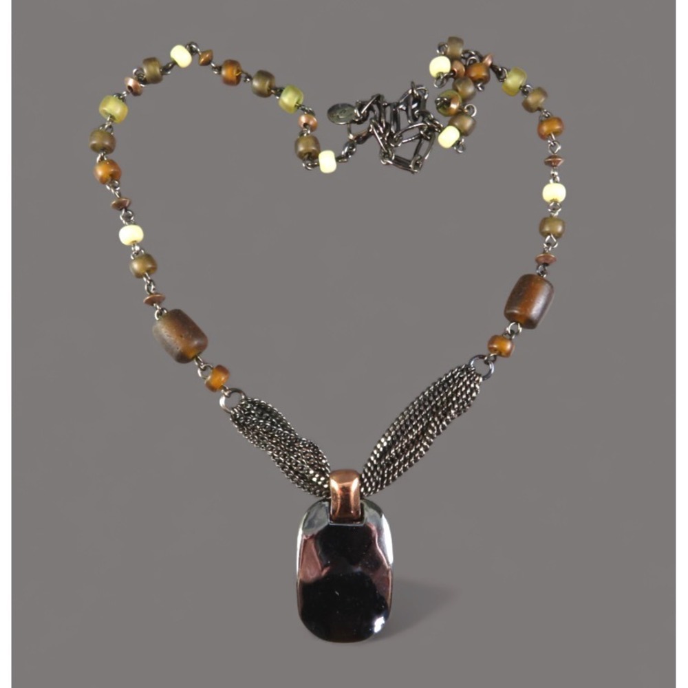 VTG Liz Claiborne Necklace GUNMETAL & BRONZE TONE Beaded Brown Beads w/PENDANT